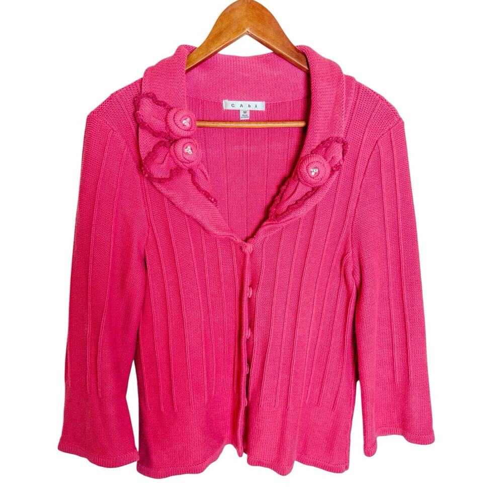 CAbi Pink Ribbed Knit Cardigan Ruffle Collar Button Front Medium - Picture 2 of 9